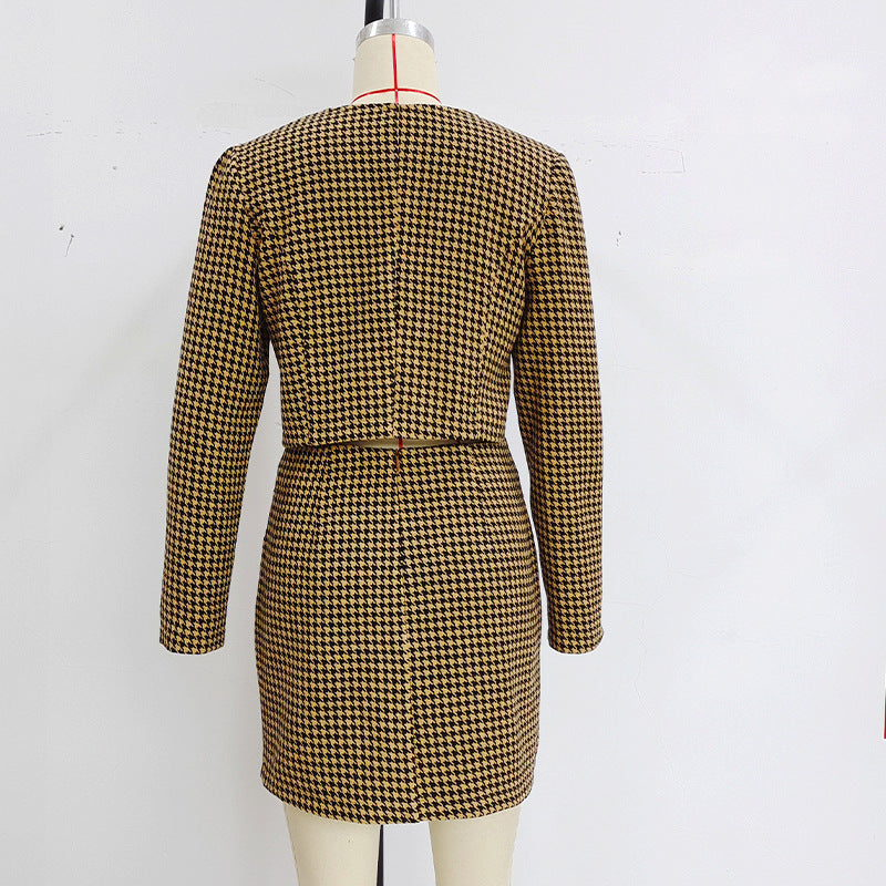 Mid-Length Dress Set with Commuter Plaid Jacket