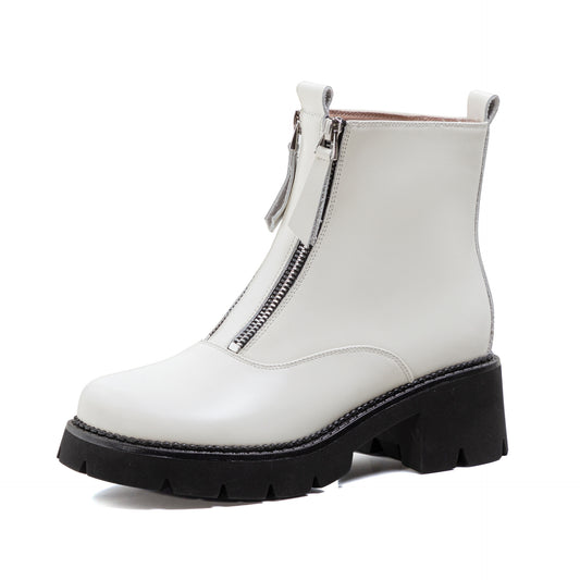 Thick-Soled Leather Martin Boots with Double Zipper