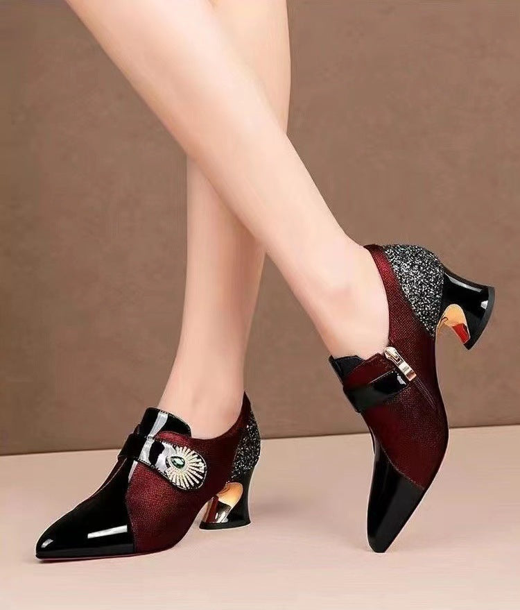 Women's Fashion Rhinestone Mid Heel Deep Mouth Pumps in Soft Leather