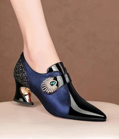 Women's Fashion Rhinestone Mid Heel Deep Mouth Pumps in Soft Leather