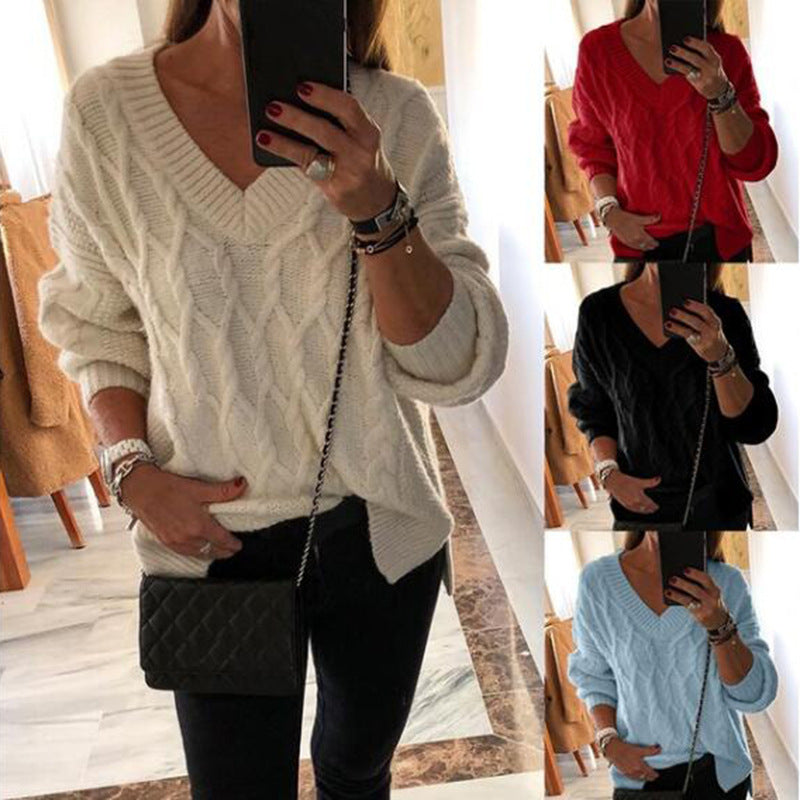 Stylish Twist V-Neck Split Pullover Sweater for Fashionable Appeal