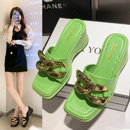 Summer New Korean Version Square Head Chain Thick Bottom Fashion Sandals