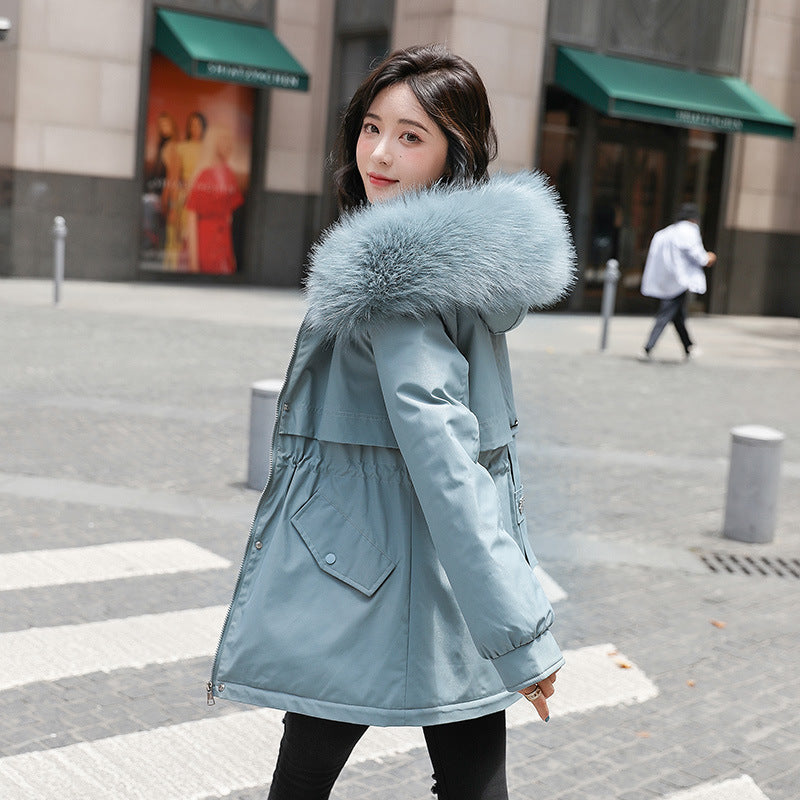 Thickened Parka with Big Fur Collar – Loose, Cotton-Padded, and Fleece-Lined for Warmth