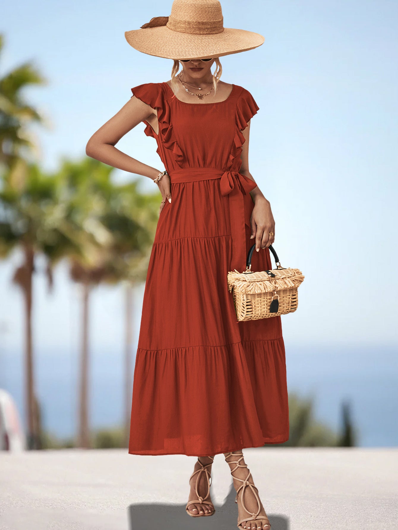 Square Collar Ruffled Dress for European and American Style