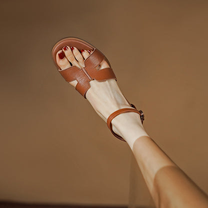 Open-Toe Chunky Heel Roman Shoes in Apricot