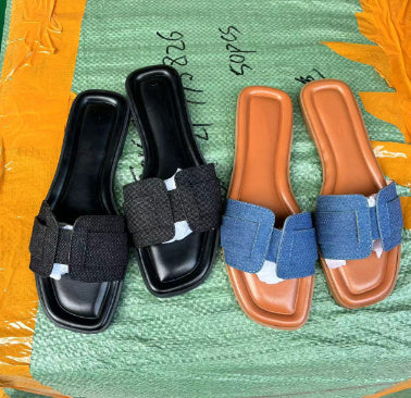 Women's Denim Flat Slippers in European and American Style