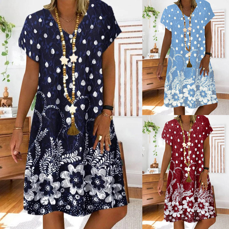 Flower print V-neck short sleeve dress