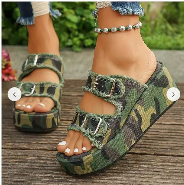 Women's Fashion Denim Buckle Wedges Sandals, Summer Outdoor High Heel Slippers with Thick Bottom