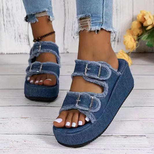 Women's Fashion Denim Buckle Wedges Sandals, Summer Outdoor High Heel Slippers with Thick Bottom