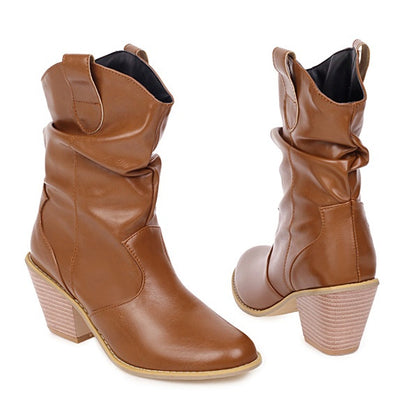 Wood Grain Thick High-Heeled Boots for Women: Autumn and Winter Style