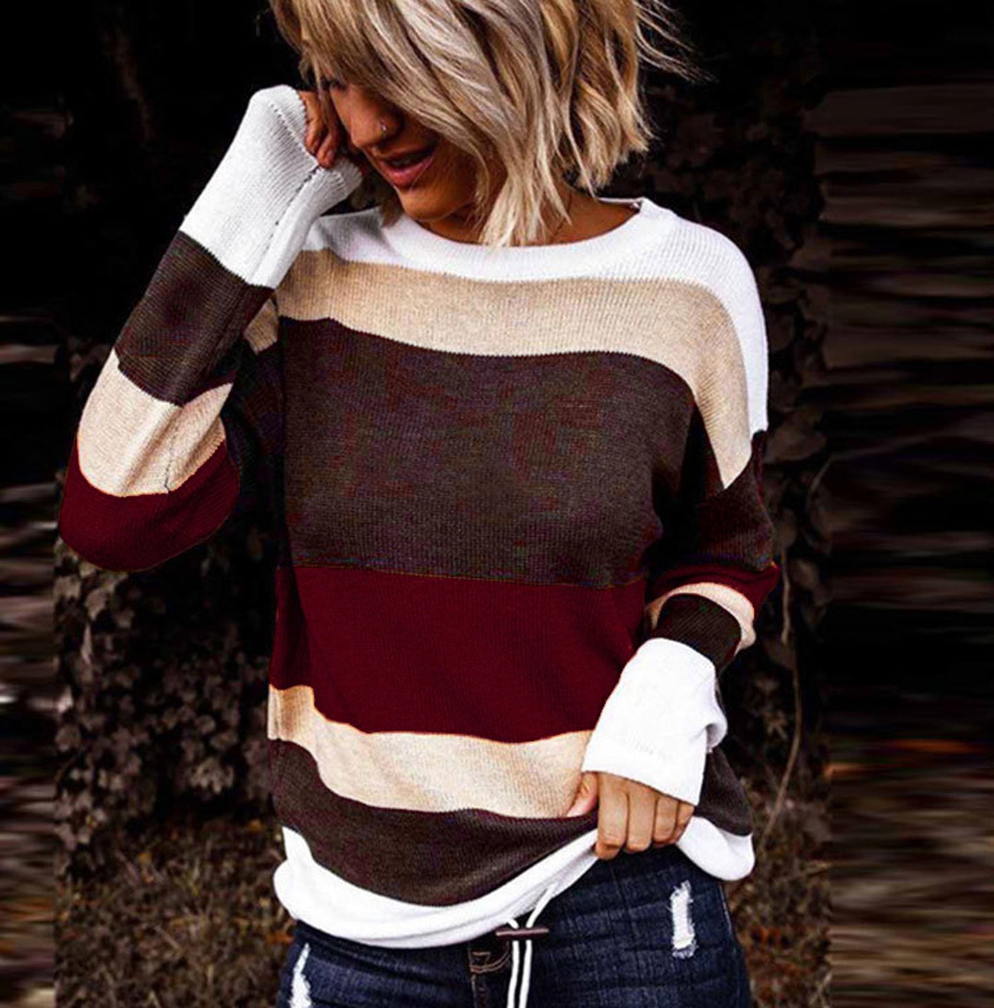 Women's Loose Crew Neck T-Shirt with Colorful Stripes