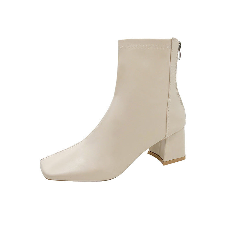 Chunky Heel Short Boots with Square Toe and Back Zip, European and American Style