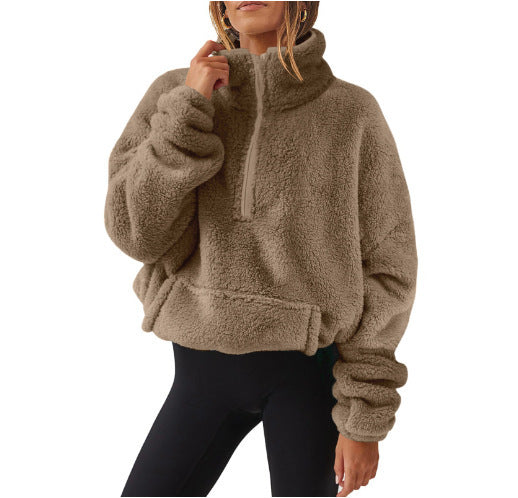 Velvet Fleece-Lined Half Zip Stand Collar Sweater for Women