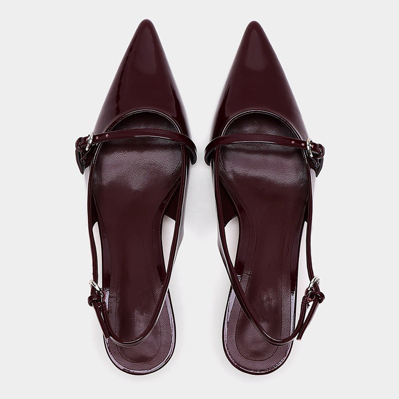 Wine Red Retro Pointed Toe Slingback Mules with Strap