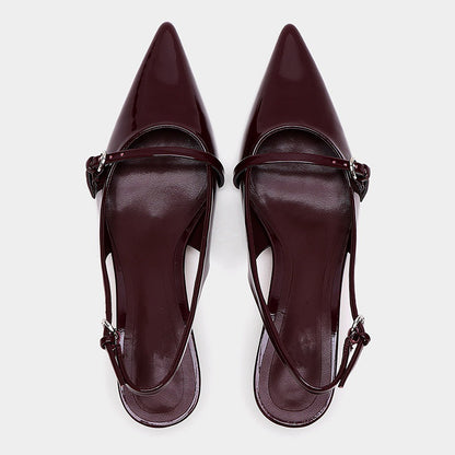 Wine Red Retro Pointed Toe Slingback Mules with Strap