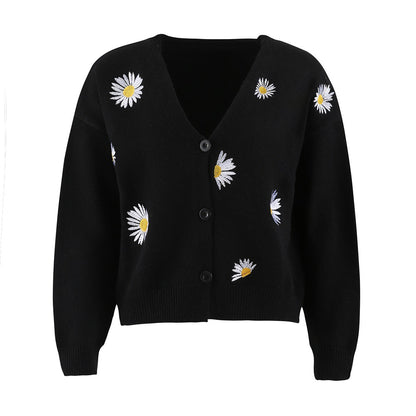 Women's Single Breasted Sweater Chrysanthemum Embroidered Cardigans Coat