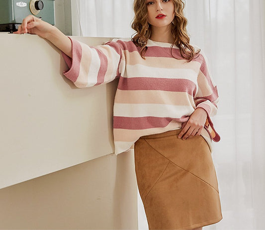 Round Neck Striped Contrast Pullover Sweater for European & American Women