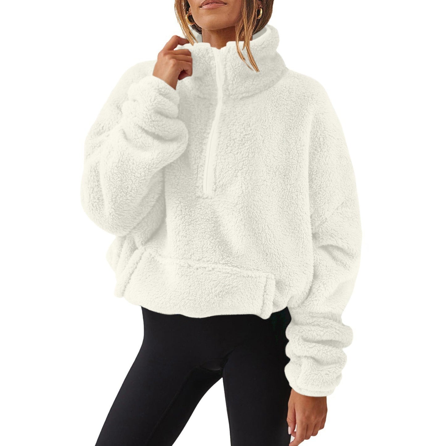 Velvet Fleece-Lined Half Zip Stand Collar Sweater for Women