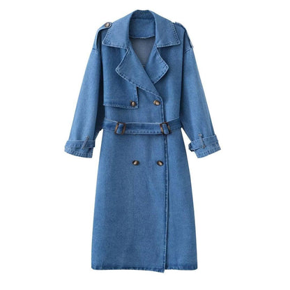 Stylish Double-Breasted Denim Trench Coat: Loose Mid-Length w/ Belt