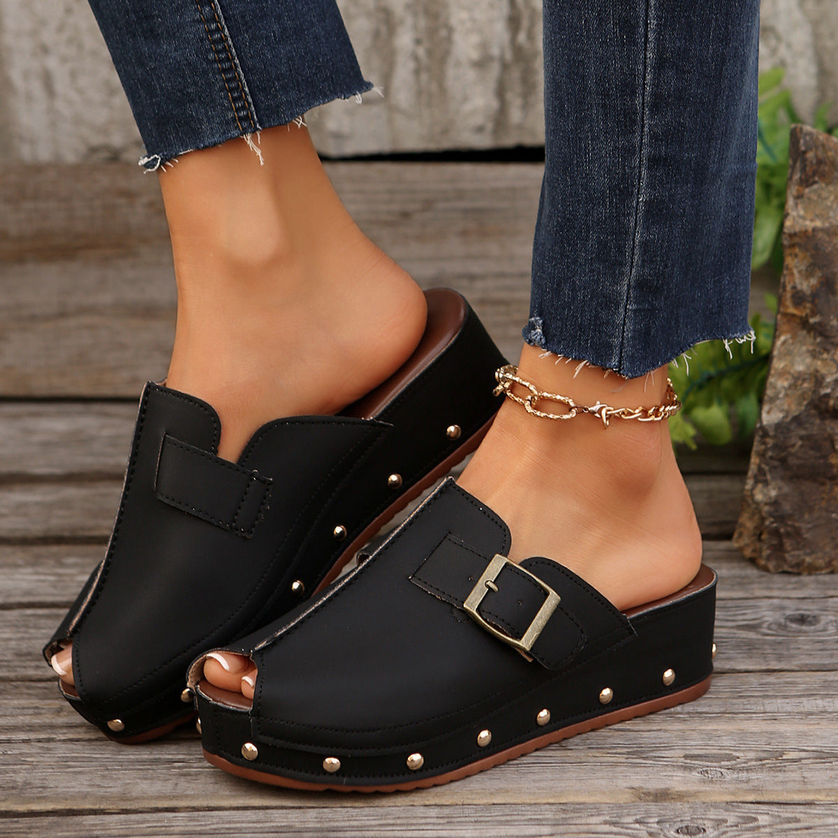 Summer Fish Mouth Wedge Sandals for Women with Rivet Buckle – Thick Bottom Non-Slip Outdoor Slippers