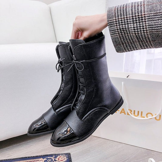 Women's Knee-High Black Chunky Heel Martin Motorcycle Boots