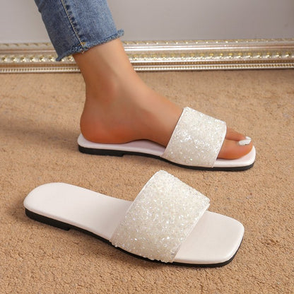 Fashionable Pearl Embellished Flat Slippers for Women