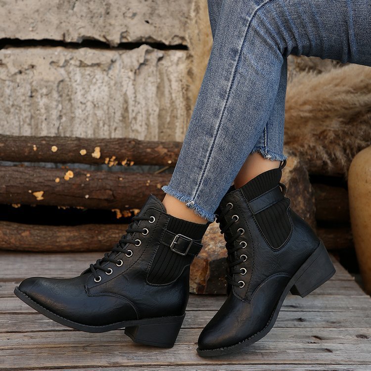 Women's Platform Wedge Ankle Boots with Pointed Toe, Lace-Up Design, Casual Black British Style