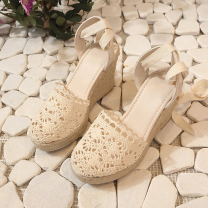 Women's Lace-Up Straw Woven Wedge High Heel Sandals