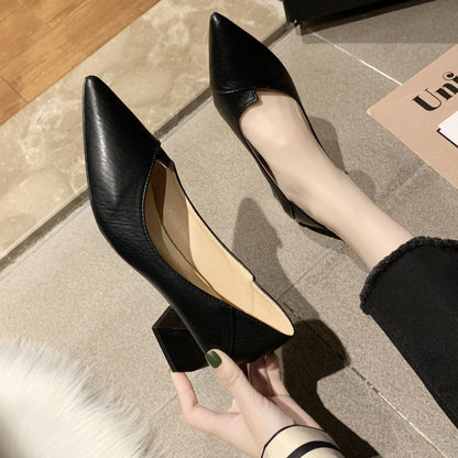 Chunky Heel Low-Cut Pointed Toe High Heel Pumps for Women