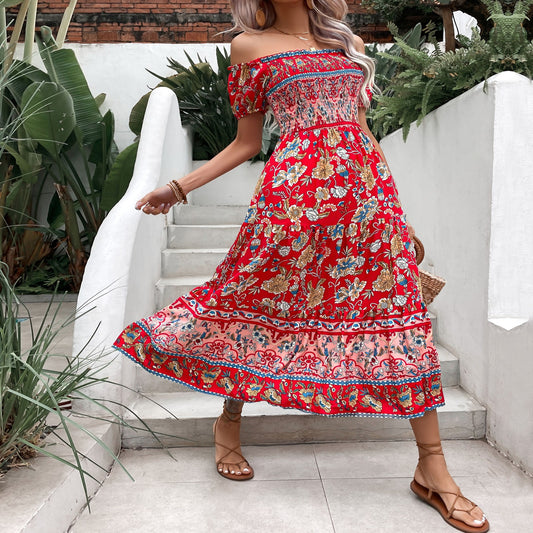 Summer Short Sleeve Off-the-shoulder Printed Long Dress