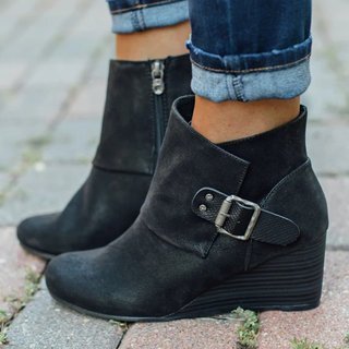 Platform Wedge Heel Ankle Boots with Side Zipper and Buckle