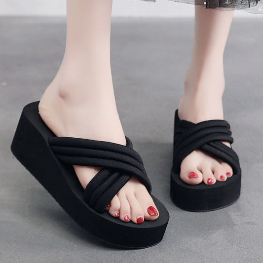 Women's Fashion Cross Strap Thick Wedge-Heel Slippers