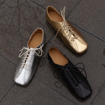 Sheepskin Square Toe Lace-up Deep Mouth Flat Women's Shoes