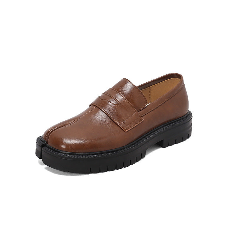 Spring & Autumn British Split-Toe Loafers – Vintage Leather Slip-On Platform Shoes