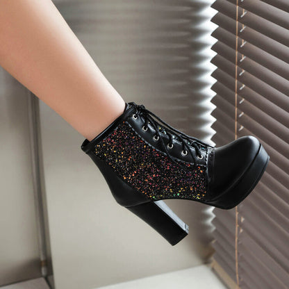 Autumn and Winter Sequin Fashion Boots with Thick Heels and Lace-up Design