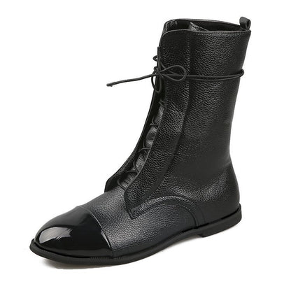 Women's Knee-High Black Chunky Heel Martin Motorcycle Boots