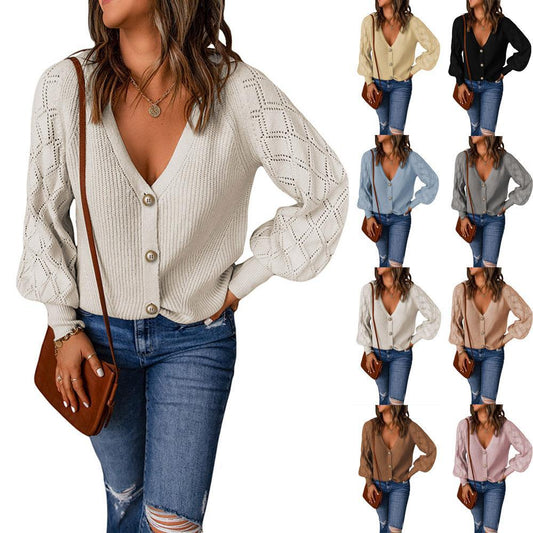 Women's Single-Breasted Cardigan: Loose Fit, Solid Color Knitted Sweater Jacket with Rhombus Puff Sleeves