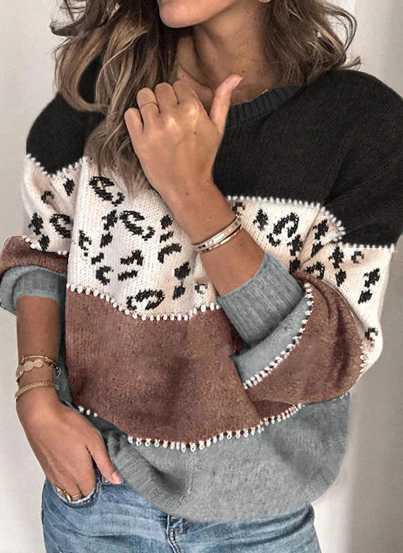 Leopard Print Knitted Sweater with Stylish Stitching