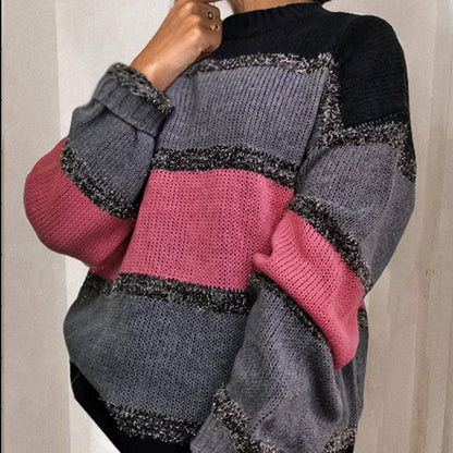 Colorful Women's Loose Sweater with Multicolor Stitching