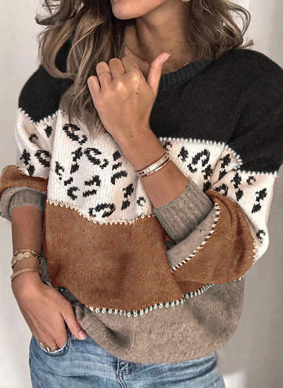 Leopard Print Knitted Sweater with Stylish Stitching