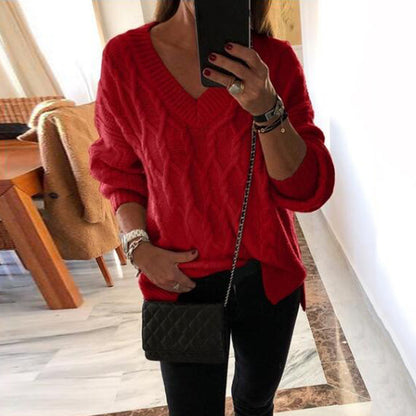 Stylish Twist V-Neck Split Pullover Sweater for Fashionable Appeal