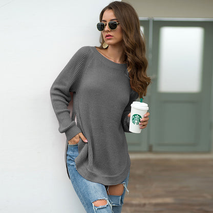 Split Round Neck Long Sleeve Sweater Pullover - Cozy and Stylish