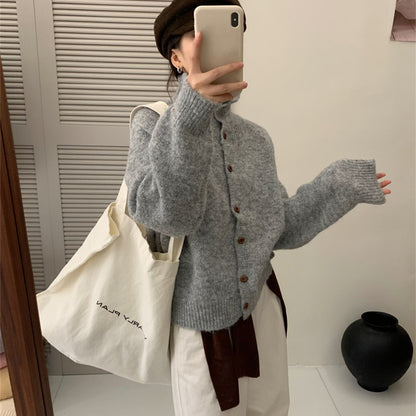 Women's Soft Glutinous Stand Collar Sweater with Wooden Buckle and Lapel