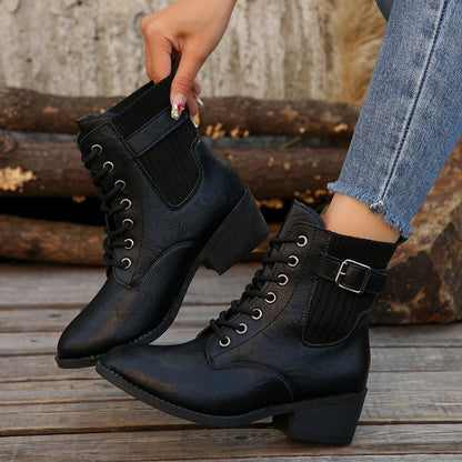 Women's Platform Wedge Ankle Boots with Pointed Toe, Lace-Up Design, Casual Black British Style