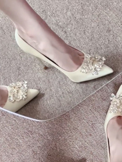 Champagne Bridal Shoes with Rhinestones and Square Buckle – Slim Heels