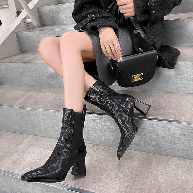 Woman's Square Head Boots with Chunky Heels