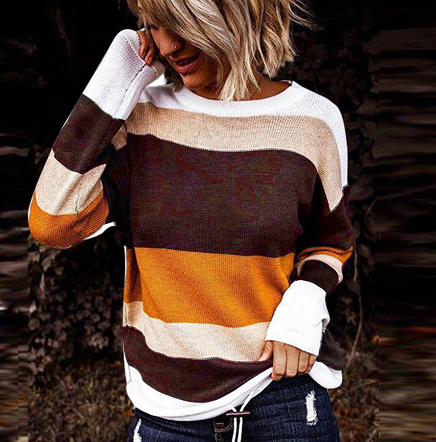 Women's Loose Crew Neck T-Shirt with Colorful Stripes