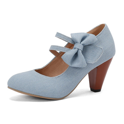 Round Toe High Heels with Denim Bow