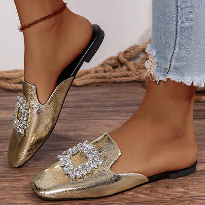 Flat Heel Silver Square Toe Rhinestone Semi-Slippers with Skirt