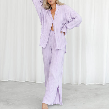 Pleated Shirt Long Sleeve Split Pajamas Two-piece Set